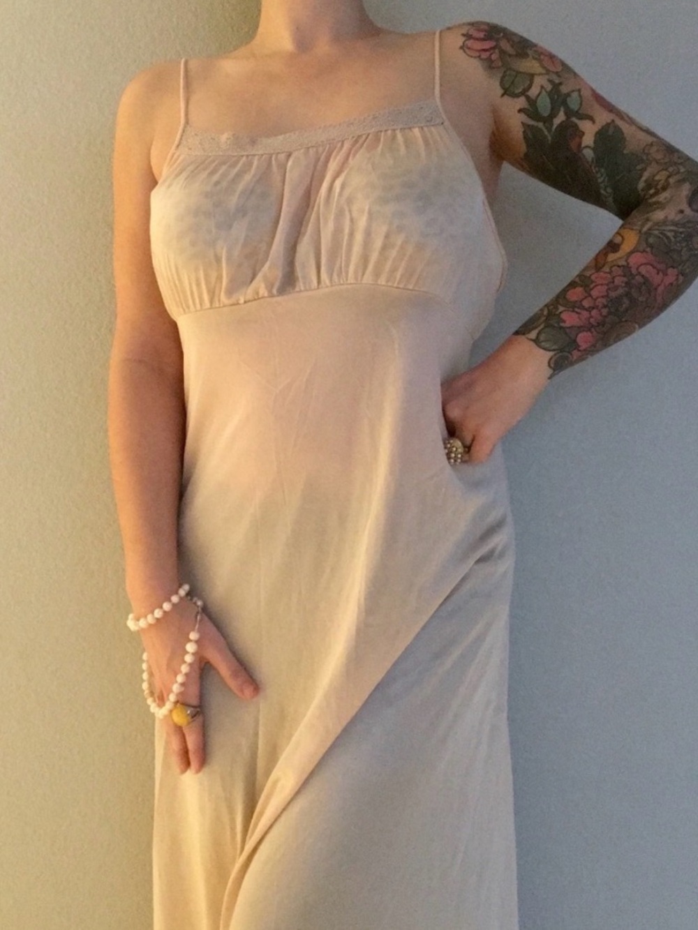 Blush Coral/Pink Satin Slip with Lace Trim
Size L